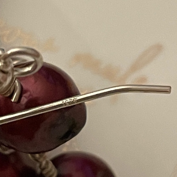 estate sterling silver burgundy red pearl cluster hook wire dangle drop earrings - Picture 5 of 6
